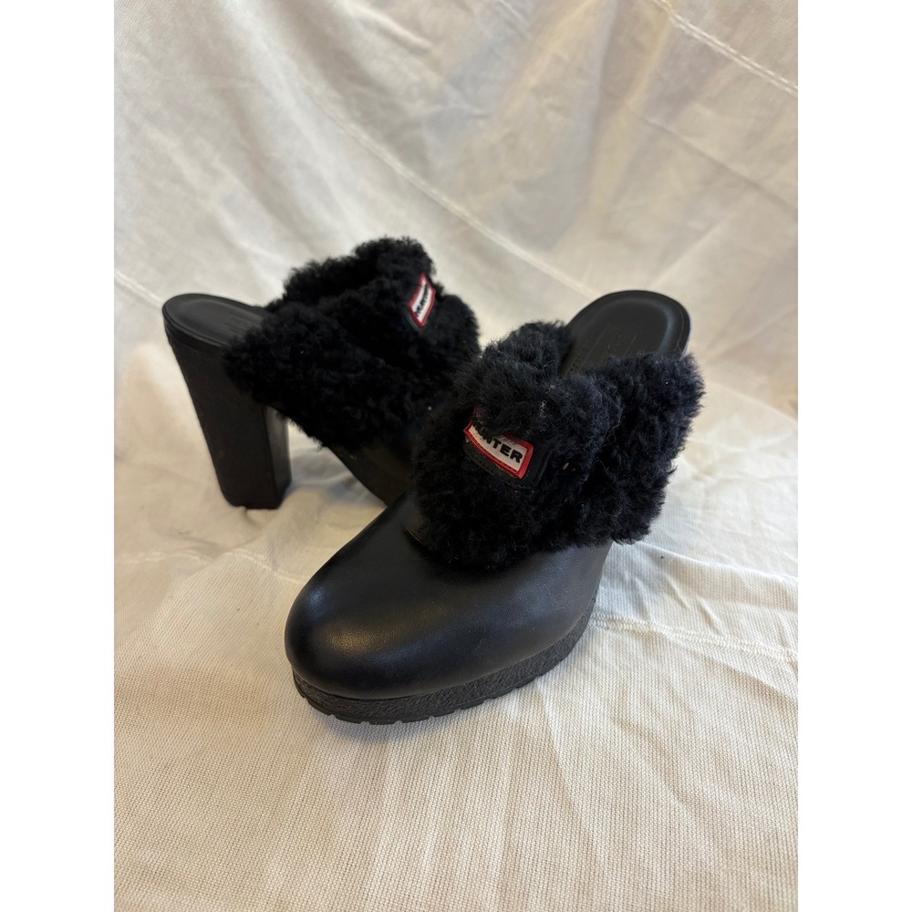 Hunter Black Leather Shearling‎ Trim Platform Mules High Block Heel Lug Sole